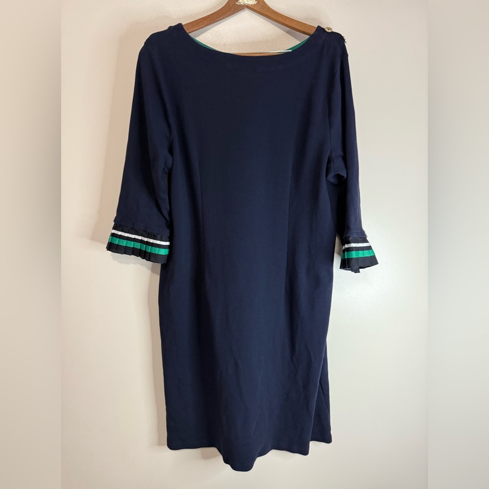 Talbots Navy Blue Dress with Striped Sleeves and gold button accents in size 2X